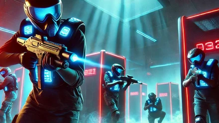 Lasertag (c) KI generiert1739780781.jpg Lasertag-Spieler mit leuchtenden Westen und Waffen in einer futuristischen Arena.