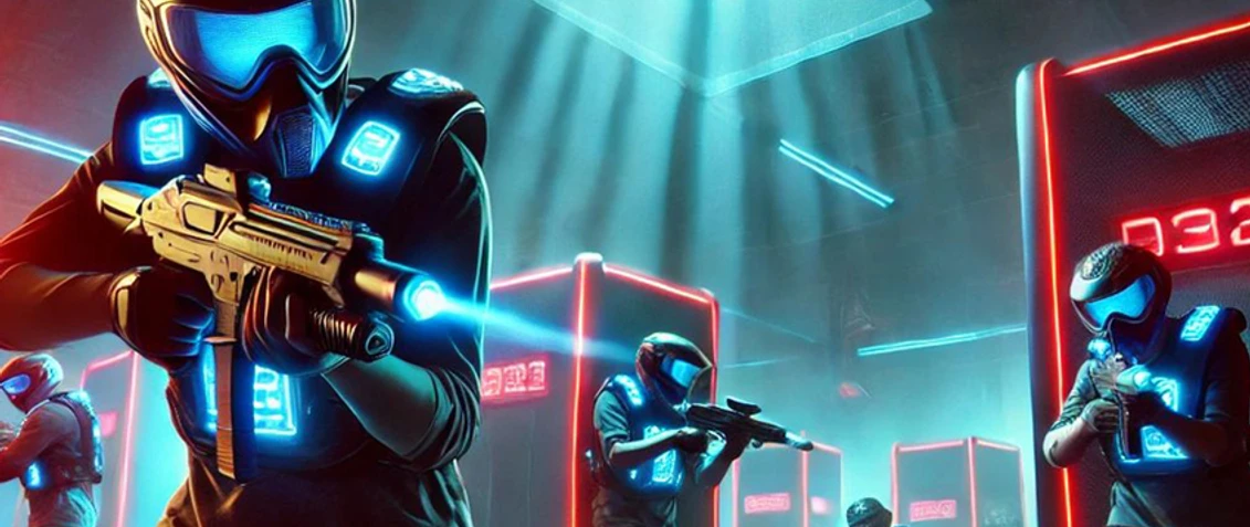 Lasertag (c) KI generiert1739780781.jpg Lasertag-Spieler mit leuchtenden Westen und Waffen in einer futuristischen Arena.
