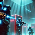 Lasertag (c) KI generiert1739780781.jpg Lasertag-Spieler mit leuchtenden Westen und Waffen in einer futuristischen Arena.