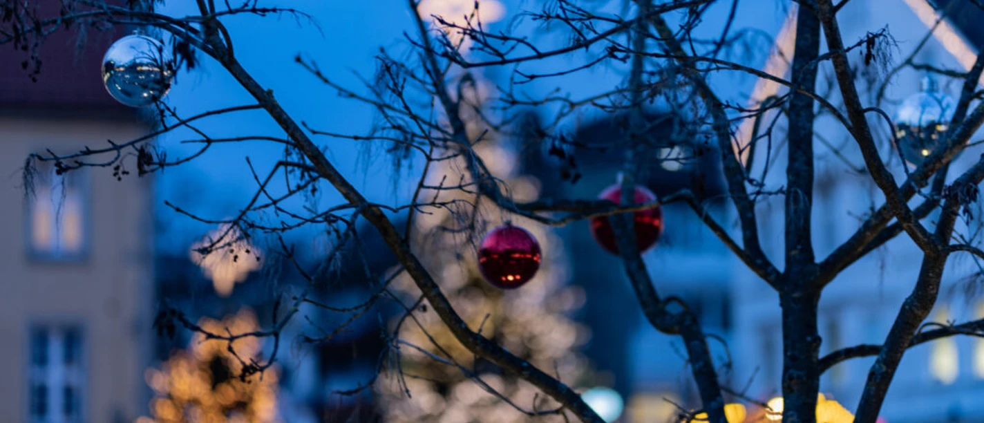 Gütersloher Weihnachten Weihnachtlich geschmückter Baum mit roten Kugeln vor Lichterglanz der Gütersloher Innenstadt.