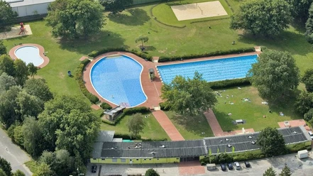 Luftbildaufnahme des Freibads mit Schwimmer-, Nichtschwimmer- und Planschbecken sowie Liegewiese.