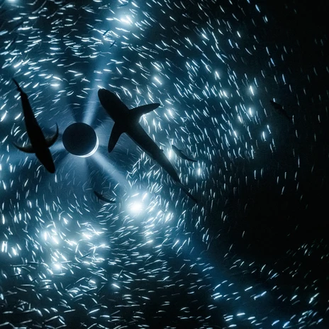 01_JulianCharriere_MidnightZone_2024_CopyrightTheArtist_VGBildKunstBonnGermany.jpg Schwarmszene im dunklen Wasser: Silberne Fische wirbeln um zwei dunkle Haisilhouetten im Licht.