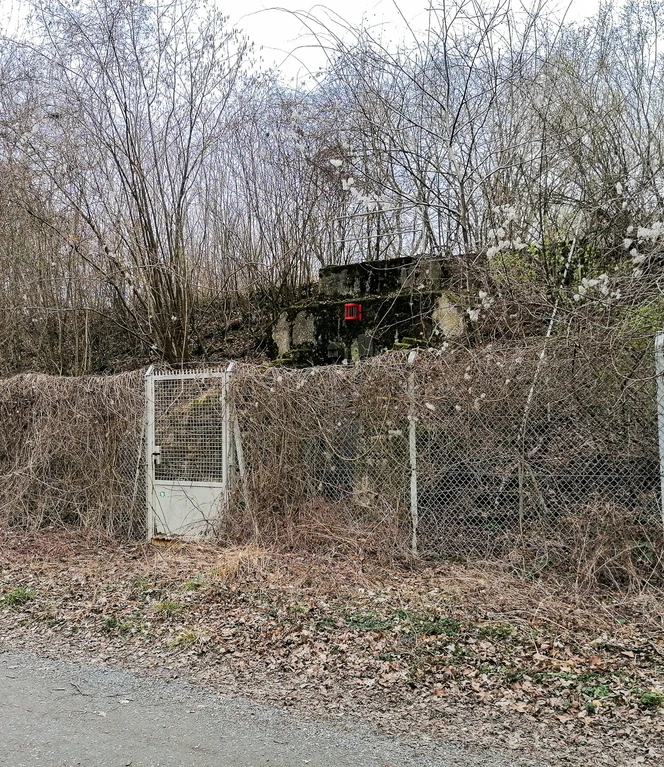 Hochbehälter.jpg Eingewachsener Hochbehälter aus Beton hinter Zaun im Wald.