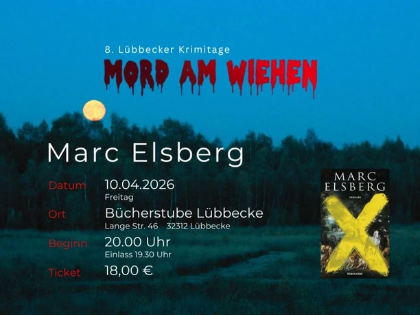 Mord am Wiehen Plakat zu den Lübbecker Krimitagen mit Marc Elsberg vor Wald und Vollmond