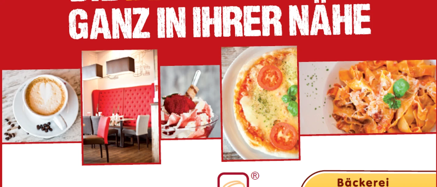 Sie sehen eine Anzeige der Bäckerei Eckhardt, auf der verschiedene Speisen sowie die Räumlichkeiten der Bäckerei zu sehen sind.