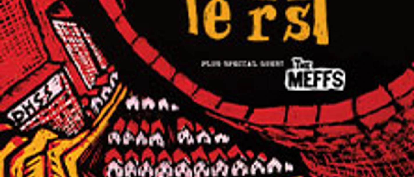 Grafisches Konzertposter mit Schriftzug Levellers und The Meffs in rot-gelben Zeichenelementen