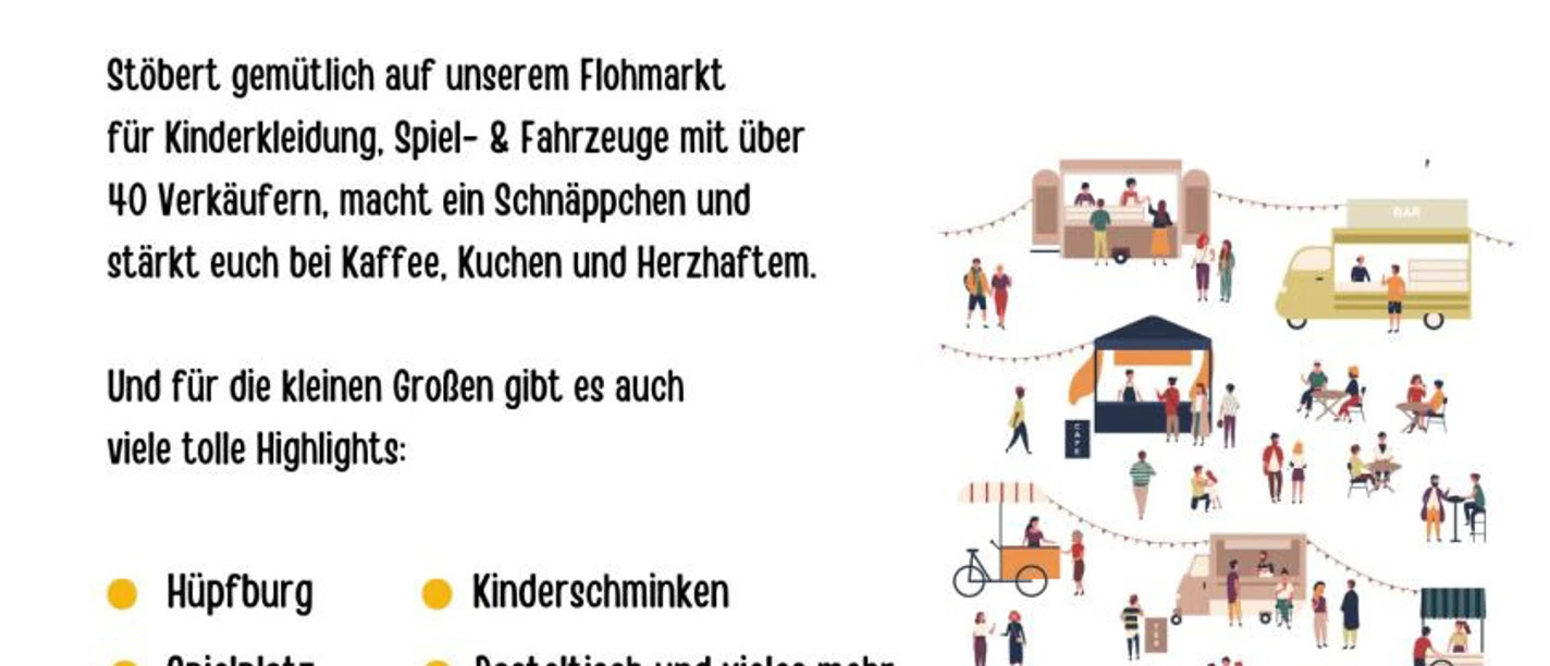 Programm Plakat Kinderflohmarkt mit Ständen und Familien auf dem Schulhof