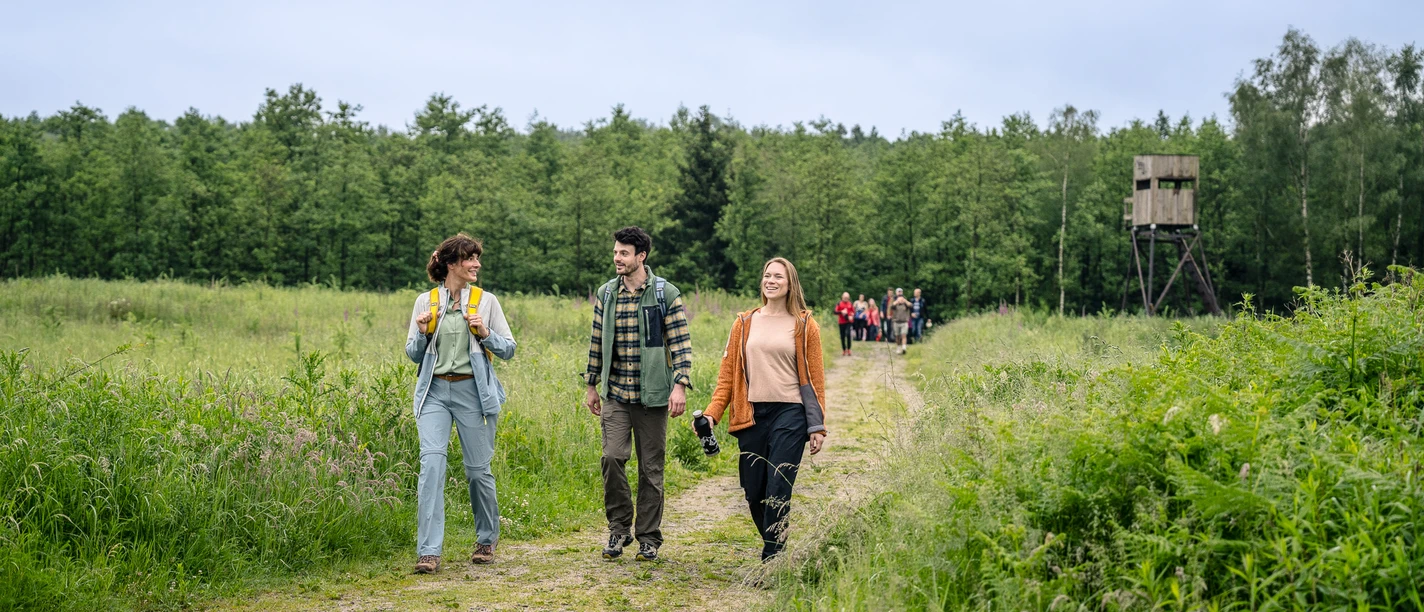 6. neanderland WANDERWOCHE Wandernde Personen auf einem Feldweg im neanderland mit Wald und Hochsitz.