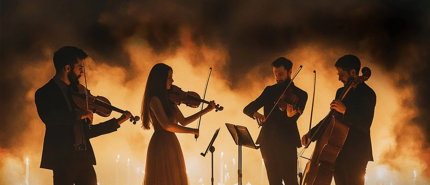 Bridgerton (c) AZ Eventproduktion.jpg Streichquartett spielt Musik bei Kerzenschein