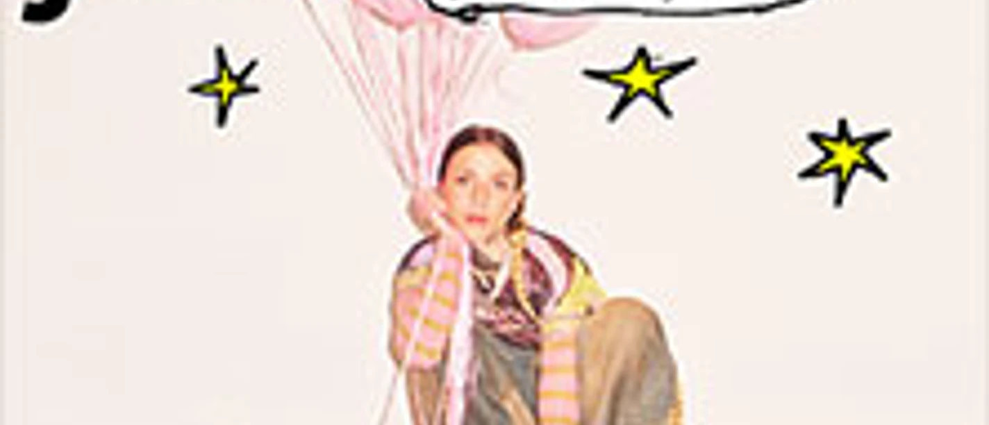 Person sitzt auf einem Koffer und hält rosa Ballons, umgeben von gezeichneten Sternen.