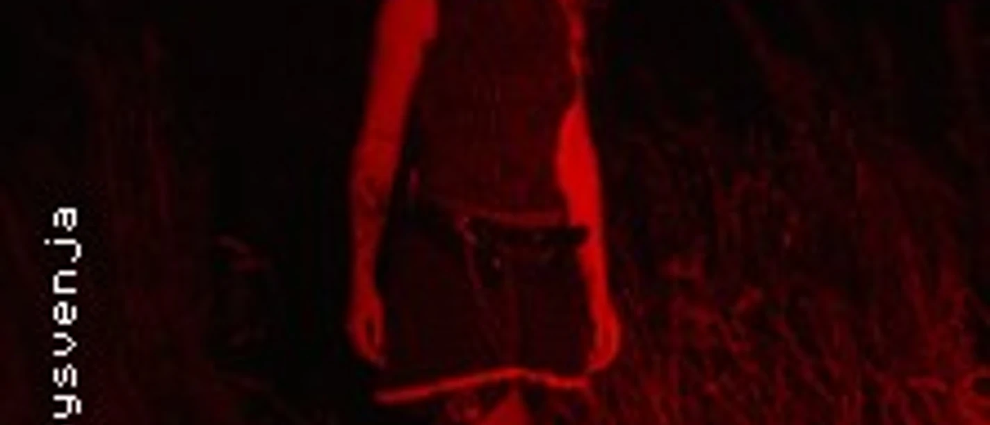 Person in rotem Licht vor dunklem Hintergrund zwischen hohen Gräsern