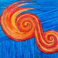 Malerei von Renee Blume Abstraktes Gemälde mit orange-roten Spiralformen vor strukturierter blauer Fläche