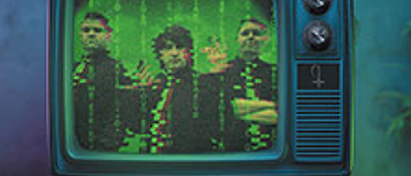 Retro-TV mit grünem Glitch-Effekt zeigt drei Figuren vor dem Schriftzug Alienare We Come in Peace