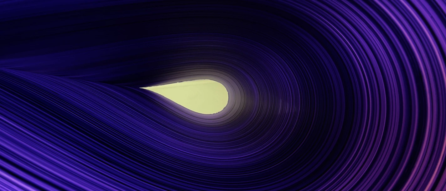 Bow 2022 Abstraktes Kunstwerk mit violetten, geschwungenen Linien, die einen hellen Tunnel bilden.