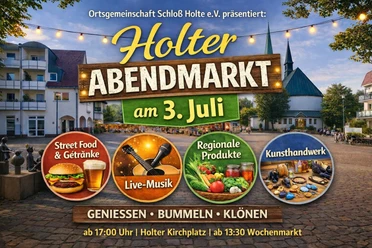 2. Holter_Abendmarkt_03.07.2026.jpeg Plakat Holter Abendmarkt am 3. Juli mit Streetfood, Live-Musik, Produkten und Kunsthandwerk