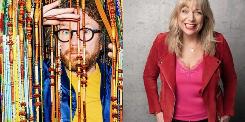 Two people: on the left behind colorful beaded curtains, on the right laughing in a red jacket against a gray background.