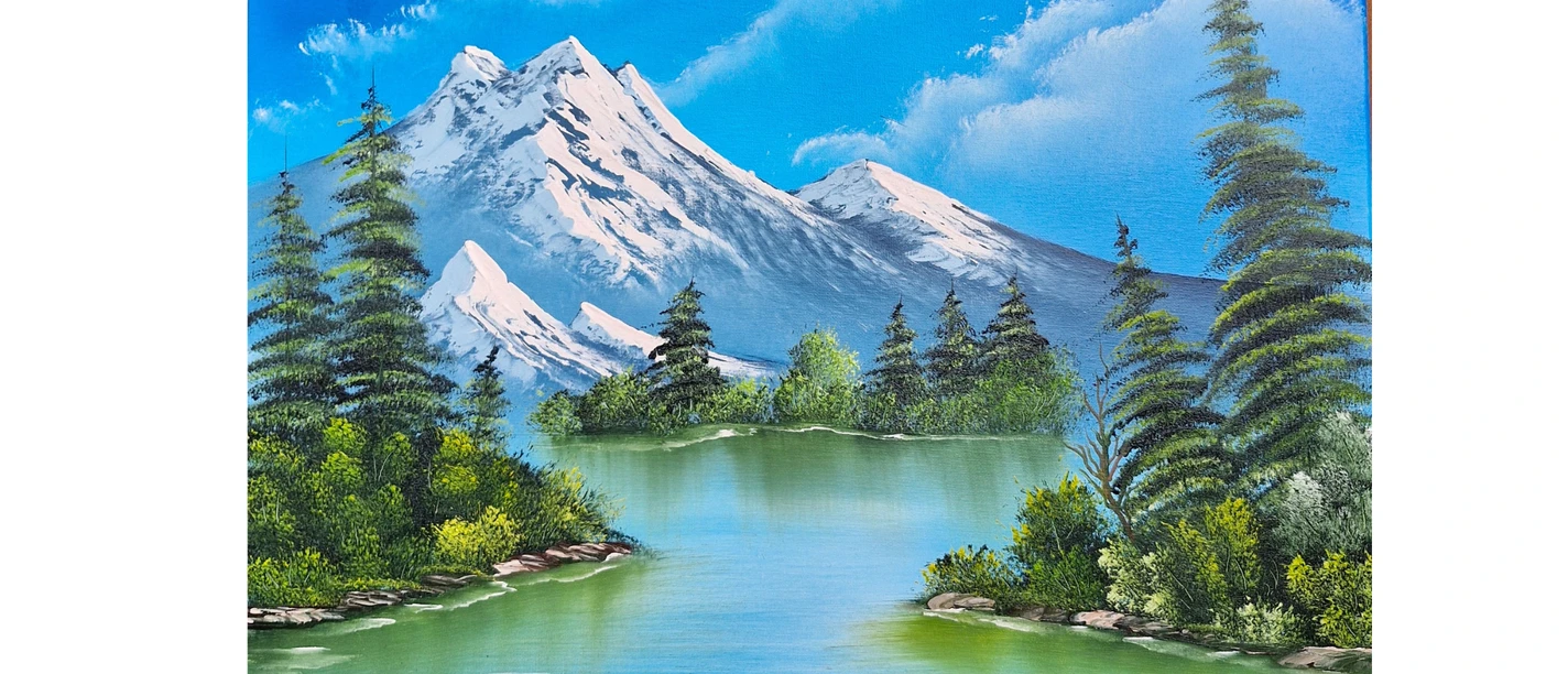 Kein Titel (A4 (Querformat)) (6).png Eine Malerei im Stile von Bob Ross, die eine Gebirgslandschaft mit See zeigt.