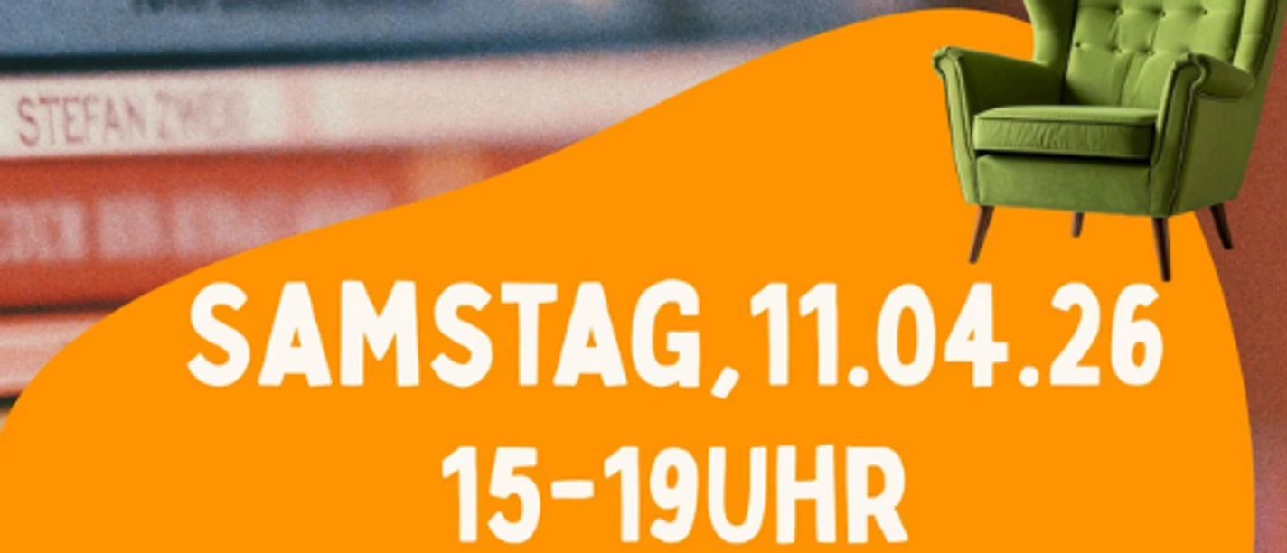 Flyer Bücherflohmarkt2.png Bücherflohmarkt-Flyer mit grünem Sessel und Open-Stage-Einladung für den 11.04.26 in Otterndorf.