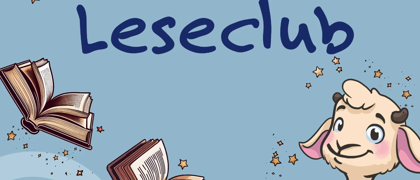 Grafik zu Lines Leseclub mit Logo der Stadtbücherei, Büchern, Sternen und Schaf-Maskottchen