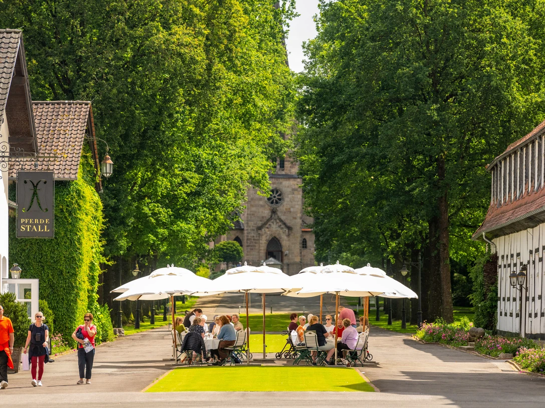 Café im Park Bad Driburge Außengastronomie des Café im Gräflichen Park mit Blick auf die Evangelische Kirche Bad Driburg.