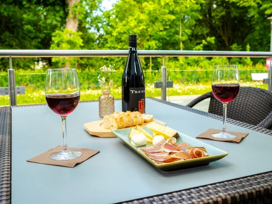 Außenterrasse im Hotel am Park Außenterrasse mit Tisch, Rotwein, Antipasti und Blick ins Grüne.
