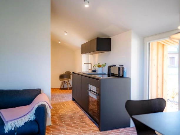 Innenansichten Modernes Appartement mit Küchenzeile, Backofen, Sofa und Blick ins Grüne