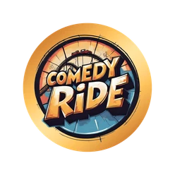 Rundes Logo mit Schriftzug Comedy Ride und Achterbahn im Hintergrund