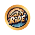 Comedy-Ride Rundes Logo mit Schriftzug Comedy Ride und Achterbahn im Hintergrund