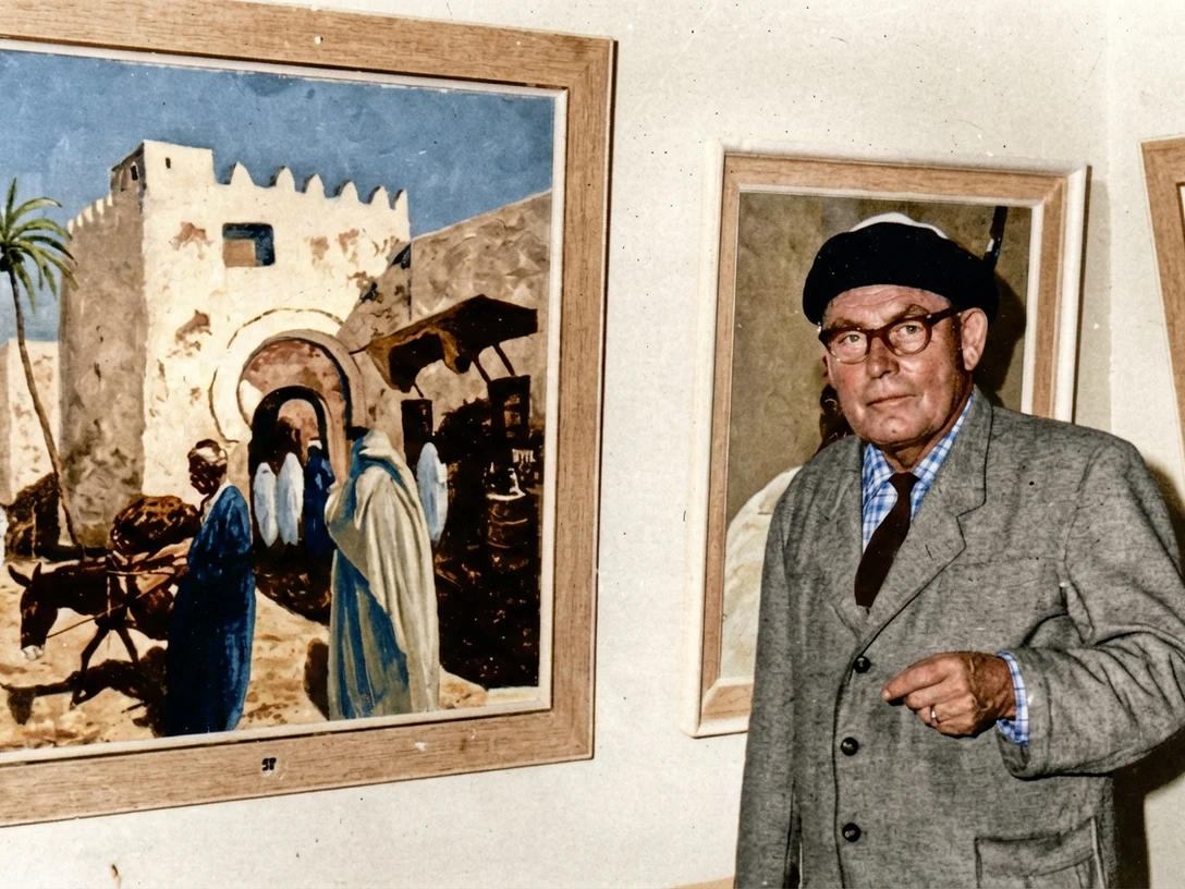Smalian-gross-2026-KI-color.jpg Maler Paul Smalian mit Brille und Baskenmütze neben seinen orientalischen Gemälden.