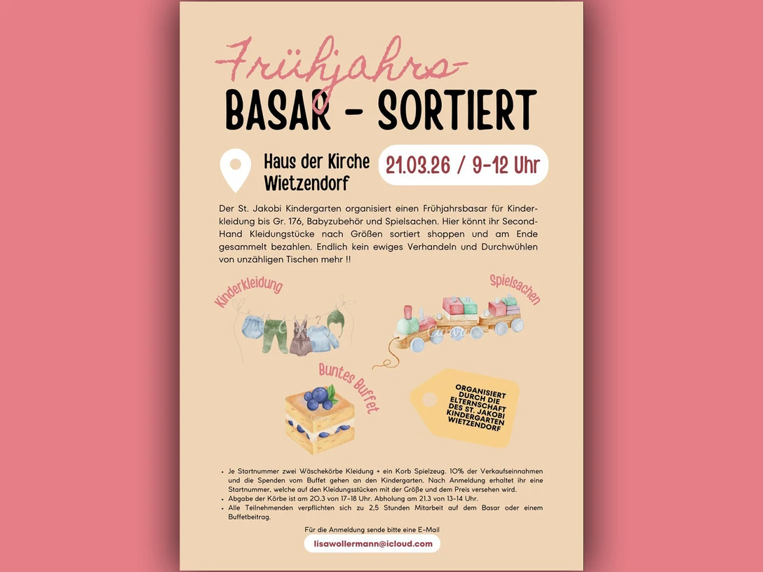 Früjahrsbasar in Wietzendorf Einladender Flyer für den sortierten Frühjahrsbasar in Wietzendorf mit Kinderkleidung und Spielzeug.