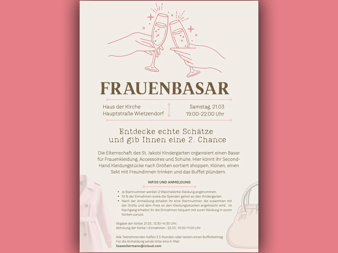 Frauenbasar Flyer mit rosafarbenem Hintergrund und Kleider-Illustrationen kündigt Frauenbasar in Wietzendorf an.