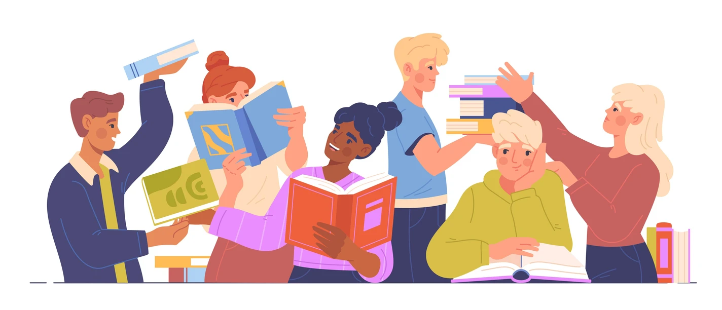 Illustration einer Gruppe junger Menschen mit Büchern beim Lesen und Austausch