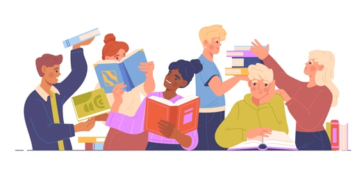 Illustration einer Gruppe junger Menschen mit Büchern beim Lesen und Austausch