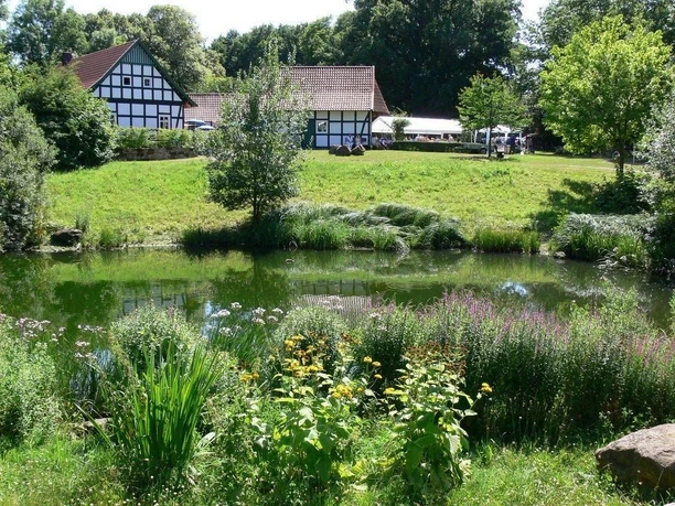 Kurpark Rothenuffeln - Blick in den Kurpark mit Teich und Fachwerk-Ensemble