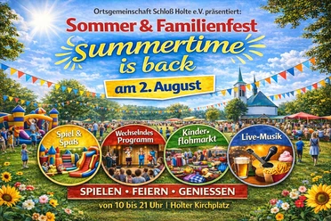 Summertime_is_back_02.08.2026.jpeg buntes Platkat mit Bäumen und Pavillons im Hintergrund