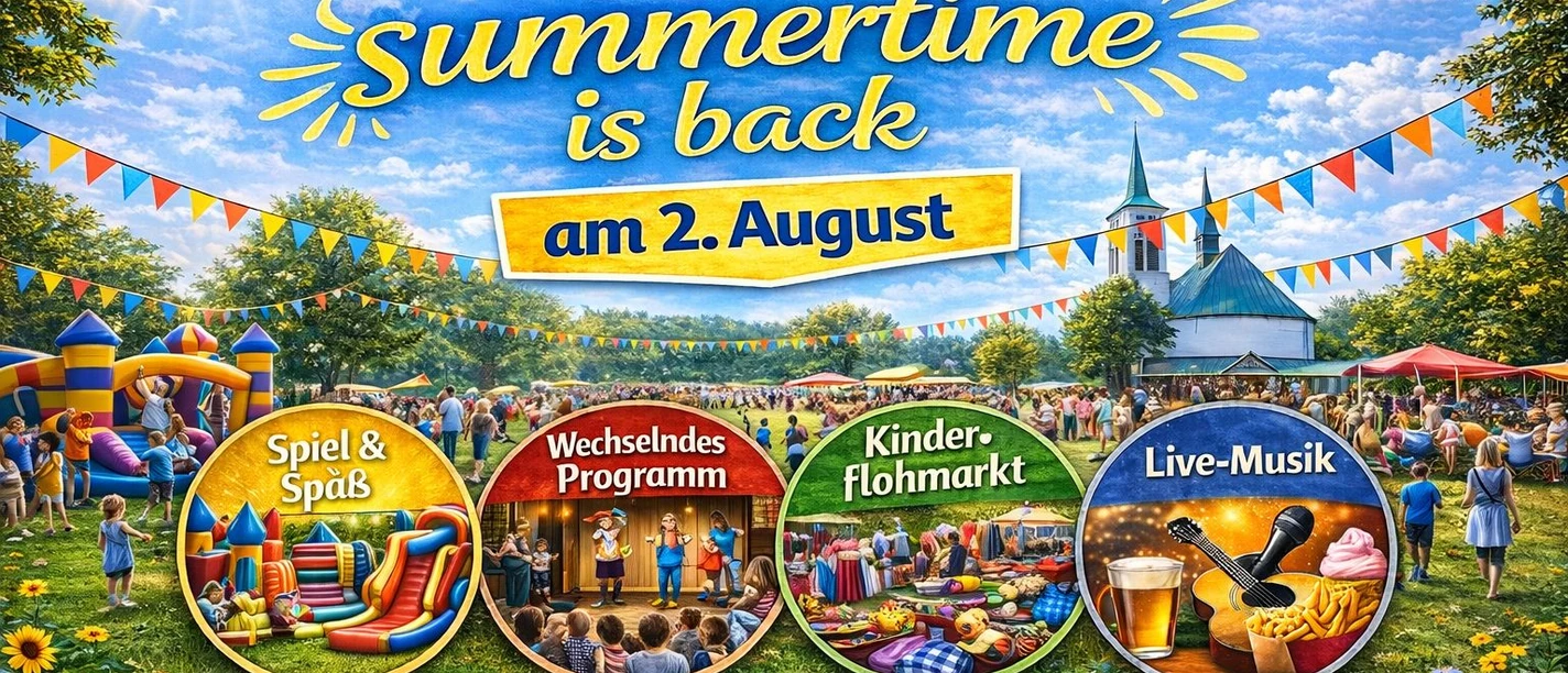 Summertime_is_back_02.08.2026.jpeg buntes Platkat mit Bäumen und Pavillons im Hintergrund