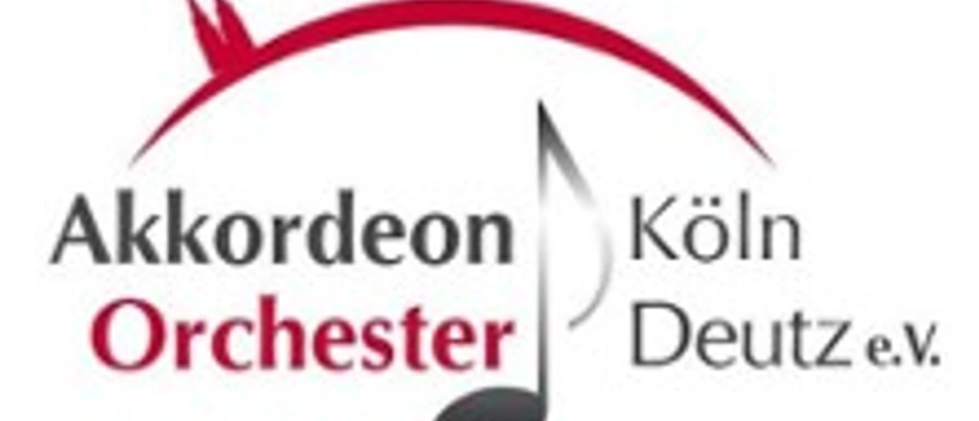 Logo mit rotem Schwung, stilisierter Note und Schriftzug Akkordeon Orchester Köln Deutz