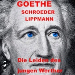 Porträtgrafik mit blauen Augen und rotem Titeltext zu Die Leiden des jungen Werther.