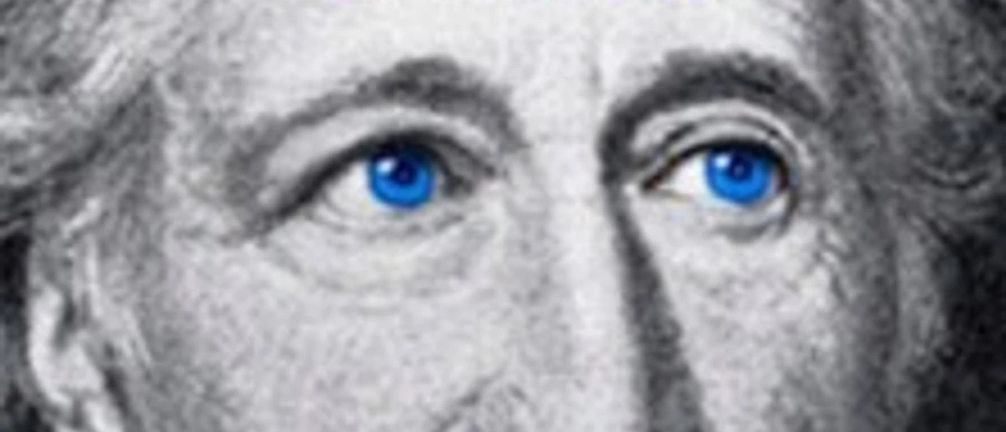 Porträtgrafik mit blauen Augen und rotem Titeltext zu Die Leiden des jungen Werther.