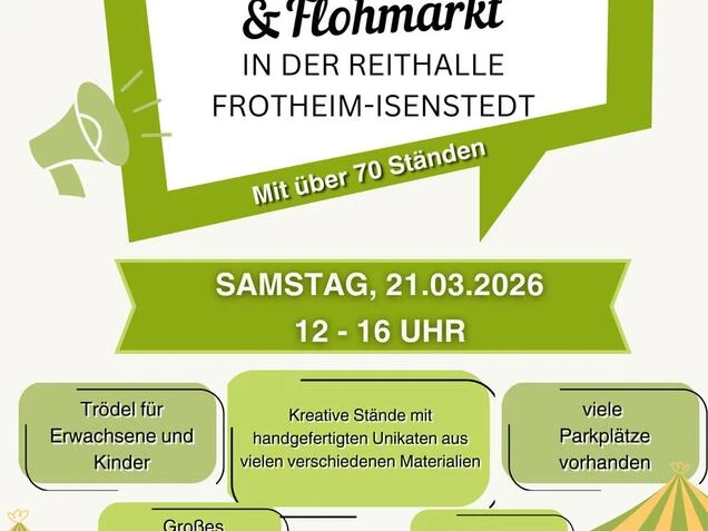 Kunsthandwerk- & Flohmarkt in der Reithalle Werbegrafik zum Kunsthandwerk- und Flohmarkt am 21.03.2026 mit Staenden und Angeboten.
