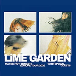 Vier verwischte Porträts in Kästen mit dem Schriftzug Lime Garden und Tourdaten.