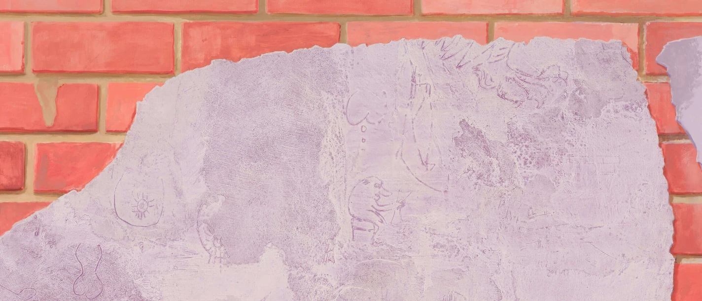 Monika Baer, Schweine Steine Scherben (smoking), 2025, Ausschnitt. Courtesy of the artist and Trautwein Herleth, Berlin, Greene Naftali, New York Lavender-colored plaster surface with fine sketches, partly framed by red brickwork.