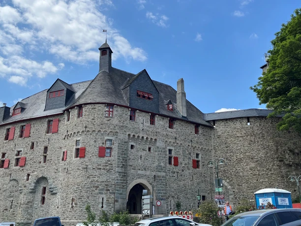 Schloss Burg Historisches Steingebäude mit Turm, roten Fensterläden und Schieferdächern unter blauem Himmel.
