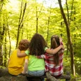 Kinderbuch Drei Kinder sitzen in einem hellgrünen Wald und schauen. Eine Person zeigt nach oben.