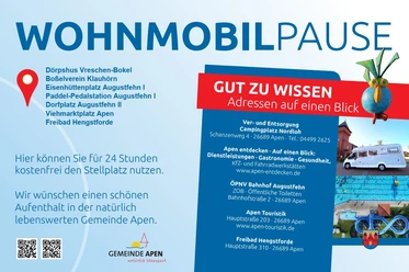 Wohnmobilpause_alle_standorte.jpg Infotafel mit Übersichtskarte und Adressen für Wohnmobilstellplätze in der Gemeinde Apen.