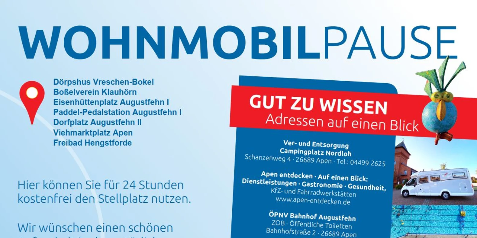 wohnmobilpause_alle_standorte.jpg Infotafel mit Übersichtskarte und Adressen für Wohnmobilstellplätze in der Gemeinde Apen.