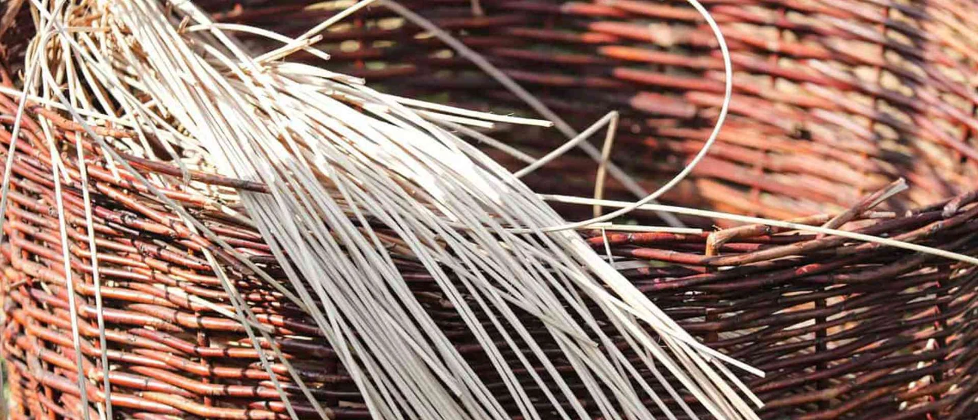 Korb-Korbflechten-VNP-Stiftung-Naturschutzpark-Lueneburger-Heide.jpg Ein geflochtener Weidenkorb mit einem Bündel heller, dünner Naturfasern am Rand.