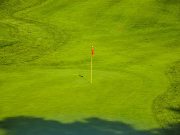 golf-462323_1920 (c) Archiv Erlebnis Bremerhaven_WEB.jpg Rote Fahne auf grünem Golfrasen mit erkennbaren Mähbahnen und Baumschatten.