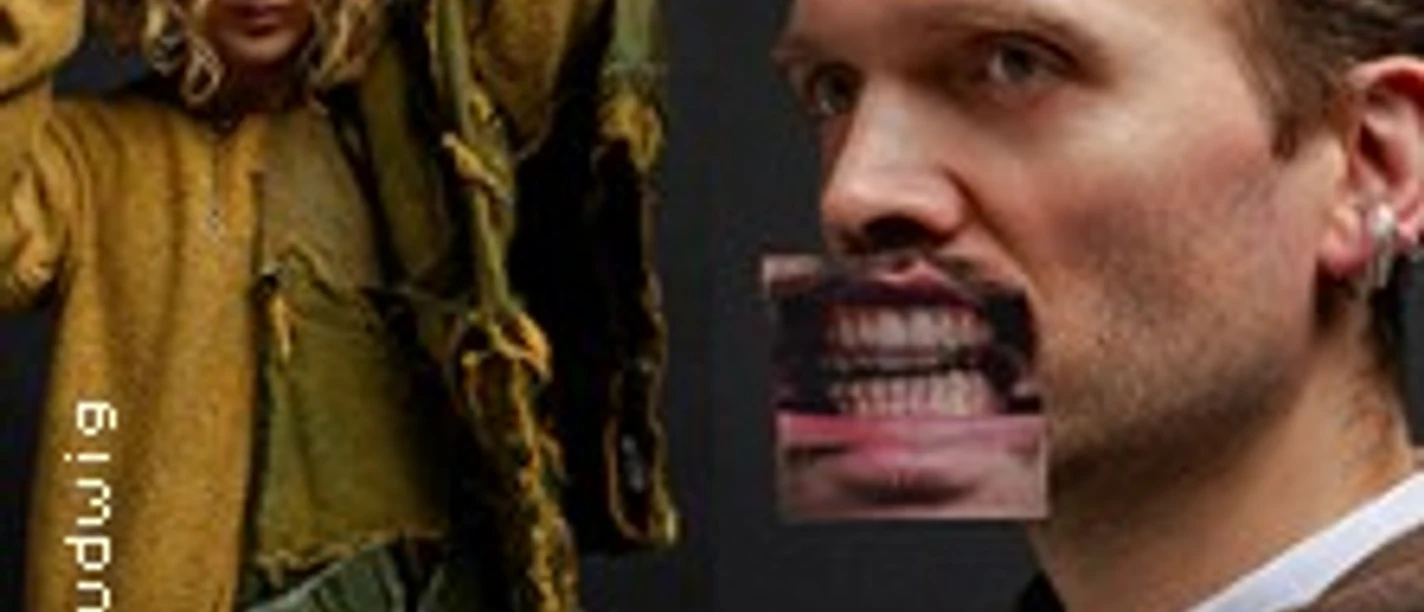 Zwei Personen in kreativem Porträt, eine mit zerrissener Kleidung, eine mit Zahnbild vorm Mund.