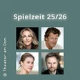 Vier Porträtfotos vor graugrünem Hintergrund mit Schrift Spielzeit 25/26